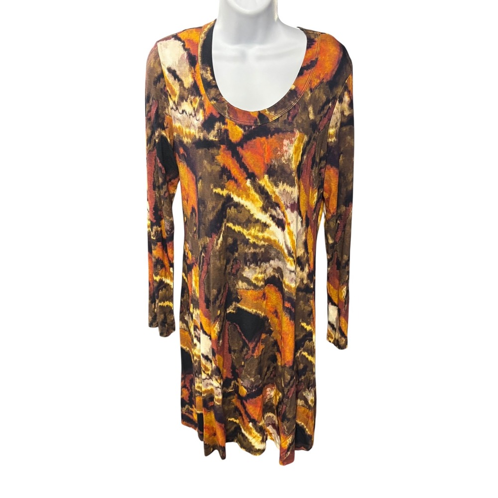 Karen Kane Long Sleeve Dress Large Orange Brown Abstract Print Stretch Casual